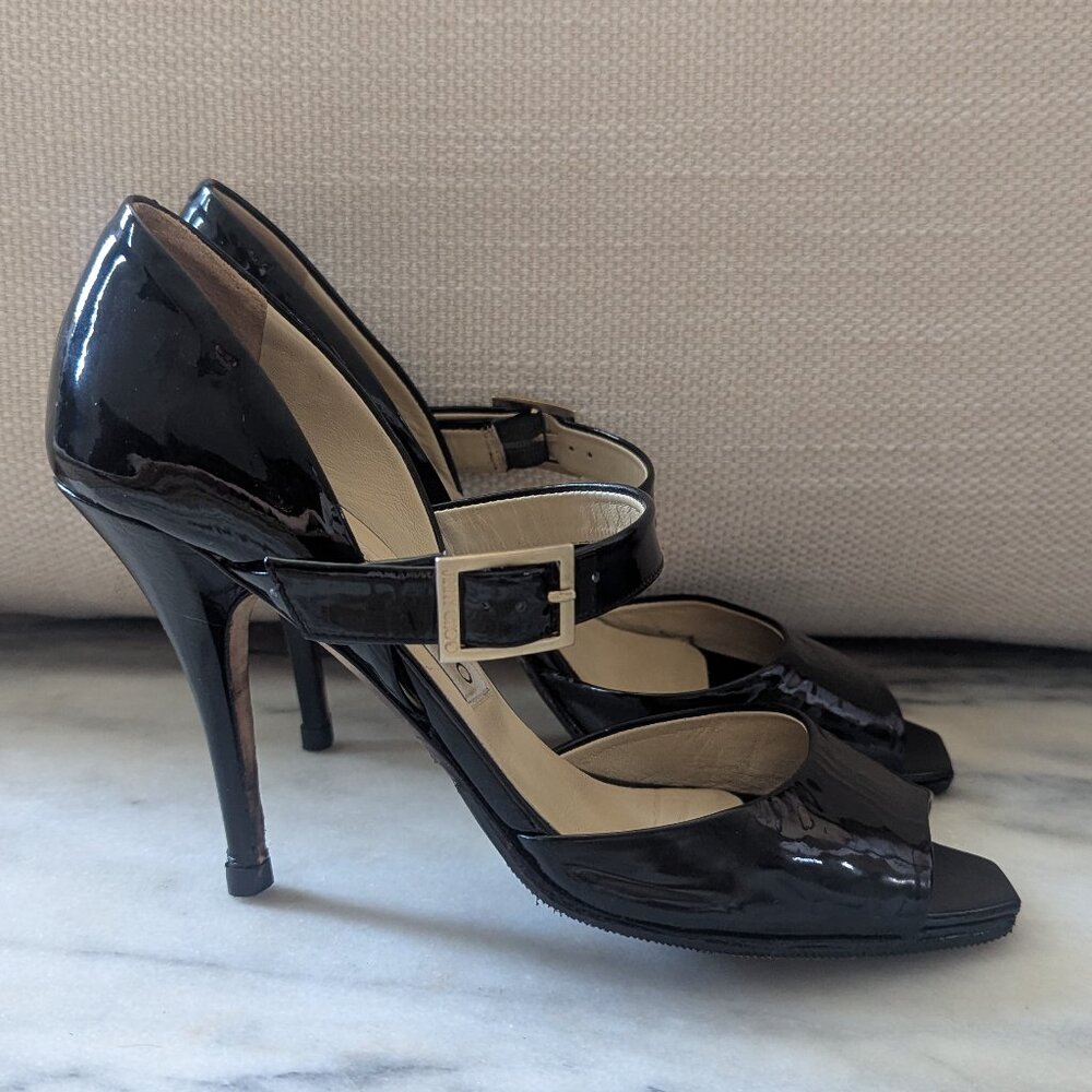 JIMMY CHOO Lumiere Black Patent D'Orsay Sandal IT38, US8
